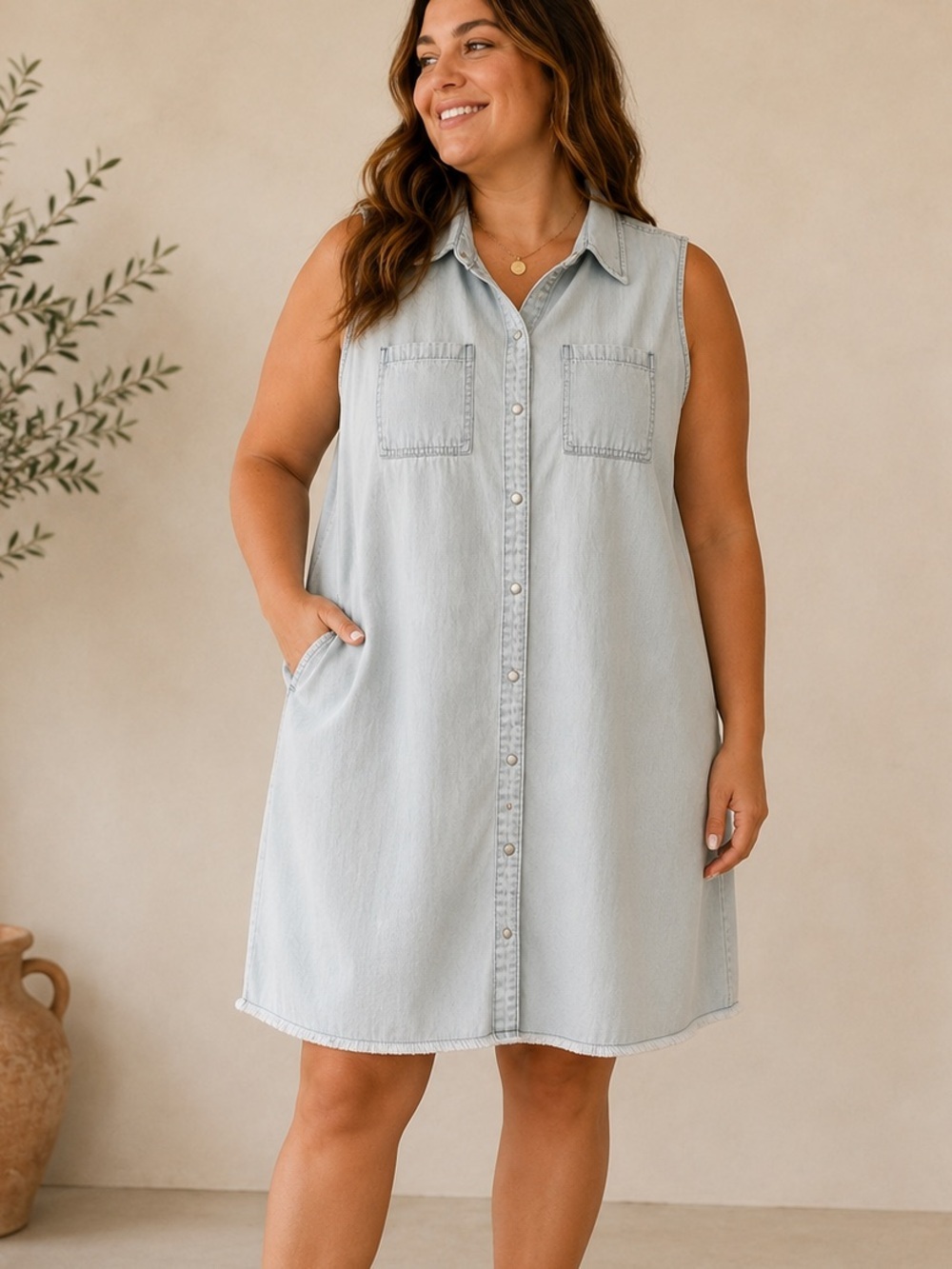 Cleo + Wolf Women’s Light Wash Denim Shirt Dress XXL Sleeveless Snap Front